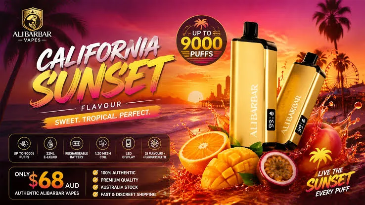 alibarbar california sunset disposable vape review showing 22ml capacity 14 day testing timeline and tropical flavor profile results