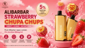 alibarbar strawberry chupa chups 9000 disposable vape showing candy-like red and white swirl design with 30 day testing timeline
