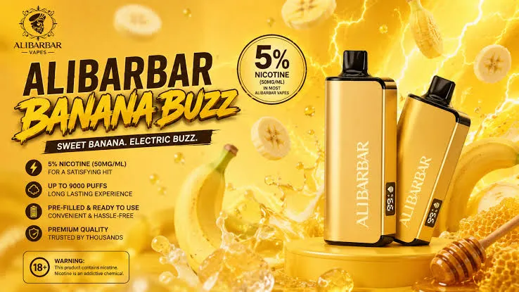 Banana Buzz Alibarbar 2026 Review banana buzz alibarbar authentic device showing golden ingot design with 9000 puff capacity and natural banana honey flavor profile