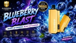 blueberry blast alibarbar review showing unboxing 9000 puffs gold ingot design with icy blueberry flavor testing results