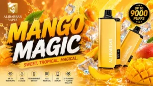 mango magic alibarbar review showing unboxing 9000 puffs gold ingot design with tropical mango flavor testing results