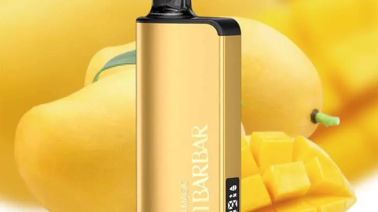 Mango Magic Specifications mango magic alibarbar specifications showing 9000 puffs 650mah battery 22ml e-liquid capacity with gold ingot design