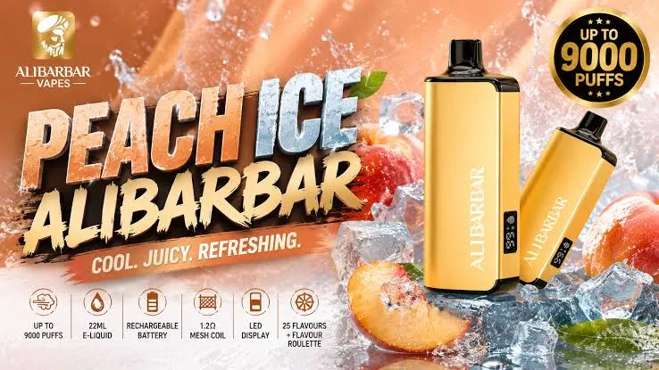 Peach Ice Alibarbar Unboxing peach ice alibarbar review showing unboxing 9000 puffs gold ingot design with icy peach flavor testing results