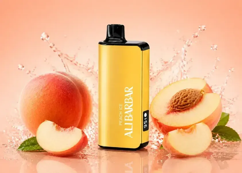 Peach Ice Specifications peach ice alibarbar specifications showing 9000 puffs 650mah battery 22ml e-liquid capacity with gold ingot design