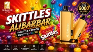 skittles alibarbar review showing unboxing 9000 puffs gold ingot design with rainbow candy flavor testing results
