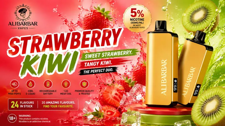 Strawberry Kiwi Alibarbar Flavor Review 2026 strawberry kiwi alibarbar showing authentic Ingot 9000 device with natural fruit flavor profile and 9000 puff capacity specifications
