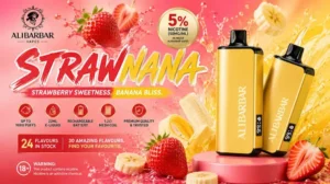 strawnana alibarbar showing authentic Ingot 9000 device with creamy strawberry banana flavor profile and 9000 puff capacity specifications