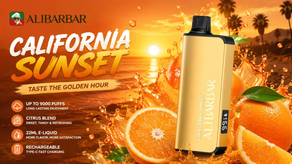 alibarbar california sunset tropical flavor profile showing mango pineapple peach passionfruit and cream layers over 14 days