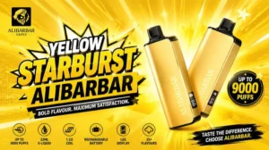 yellow starburst alibarbar review showing unboxing 9000 puffs gold ingot design with lemon candy flavor testing results