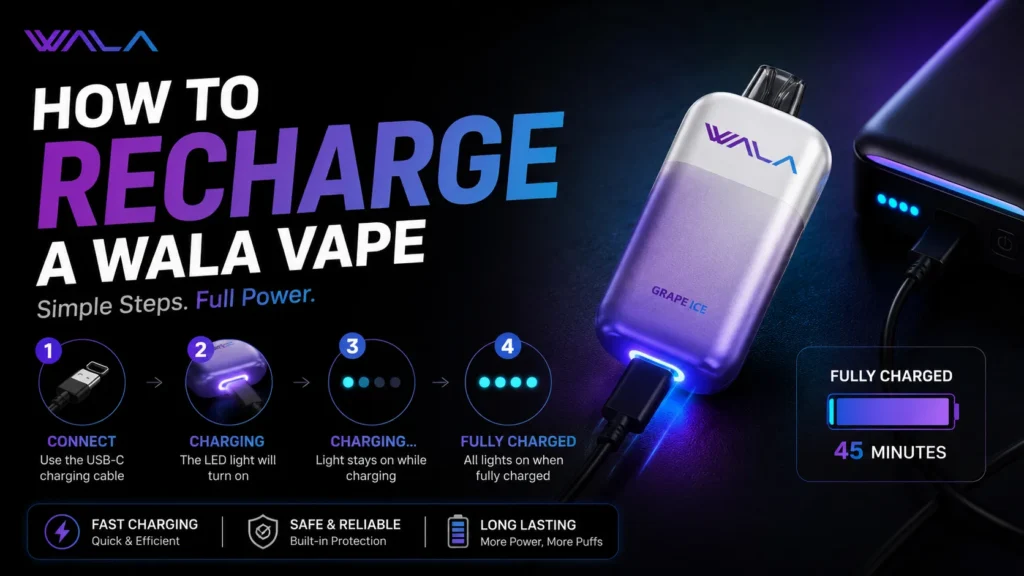 wala vape 18000 charging time measurement showing 67 minutes full charge using USB-C 5V 2A adapter verified testing